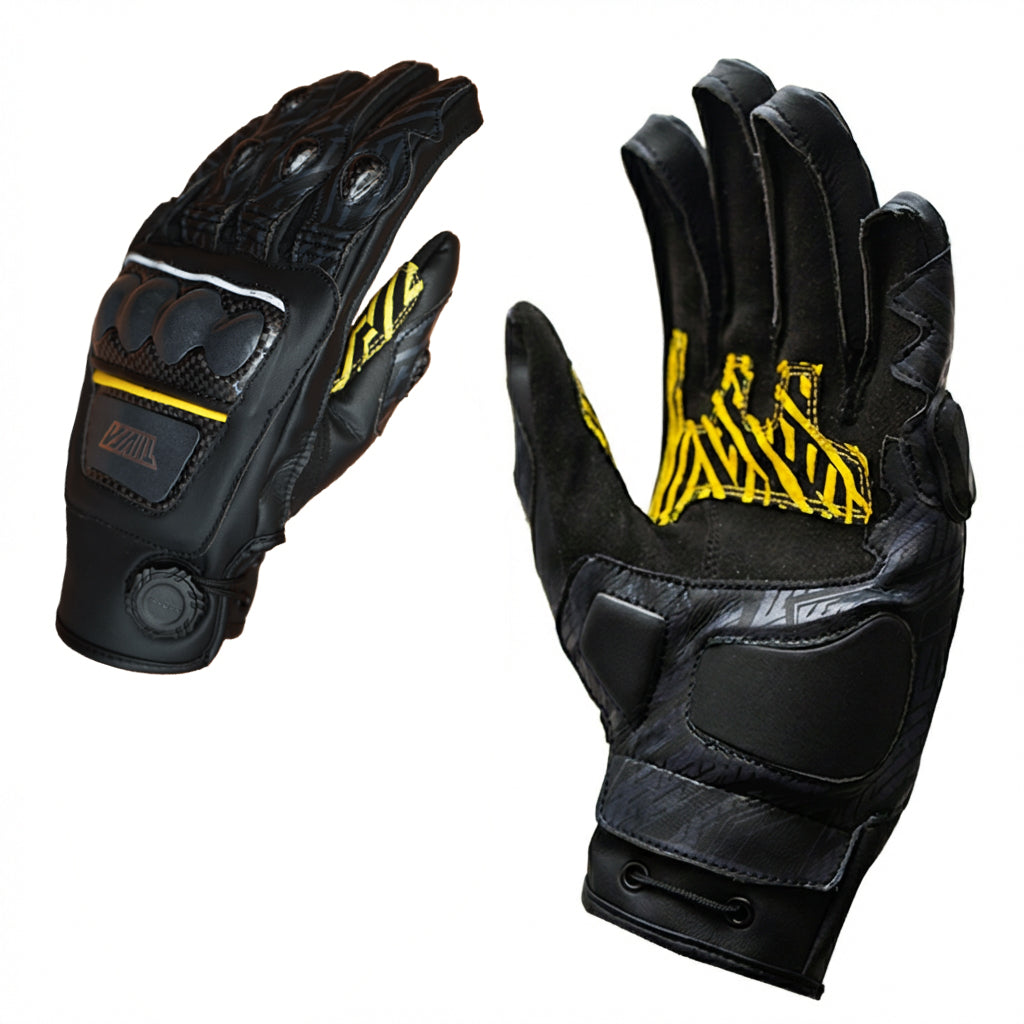 Black gloves with yellow accents on a white background