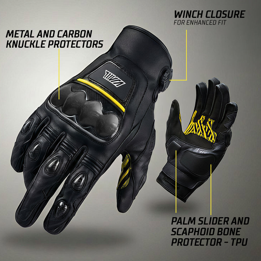 Black motorcycle glove with features highlighted on a gray background
